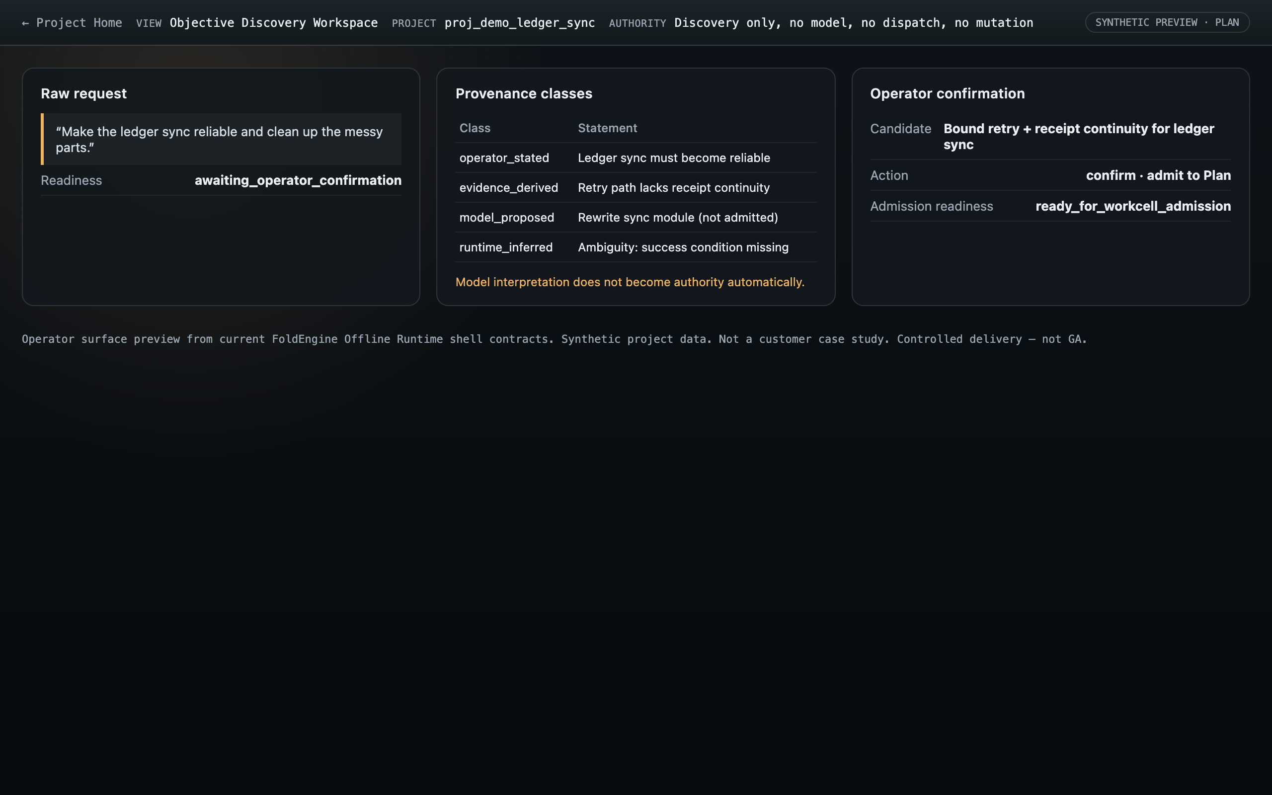 Objective Discovery workspace preview with provenance classes and operator confirmation