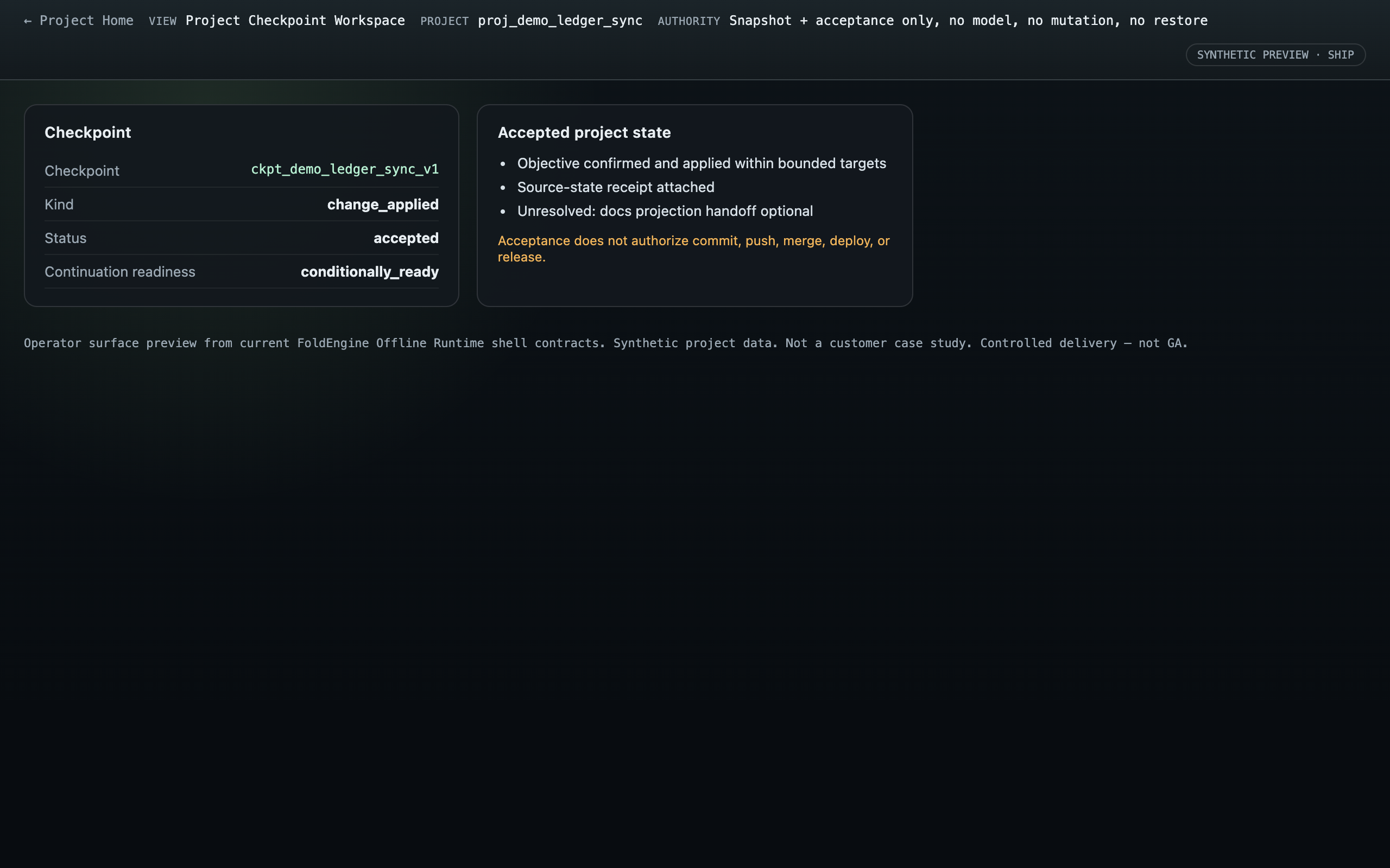 Project Checkpoint workspace preview showing accepted project state
