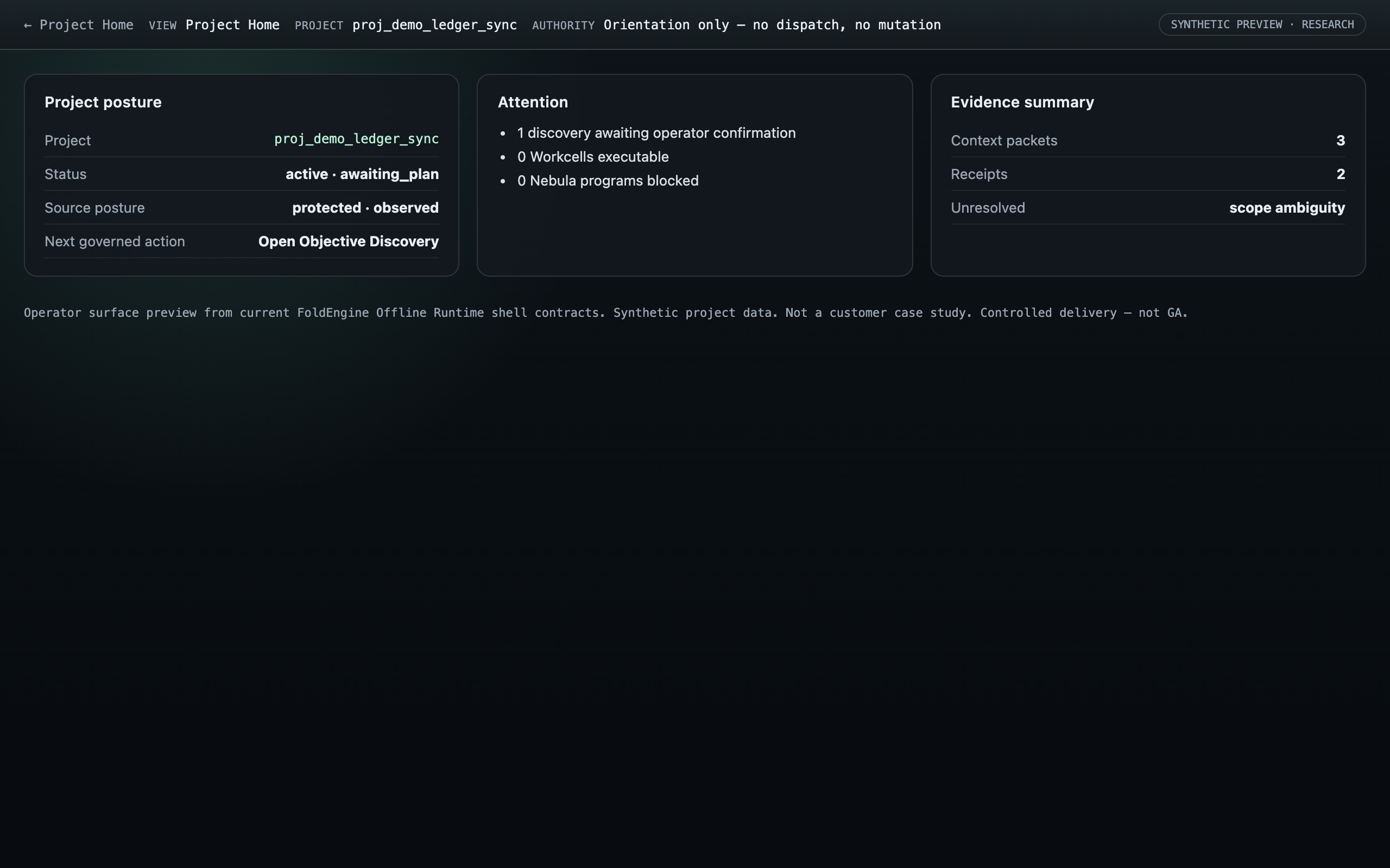Project Home operator surface preview for synthetic project proj_demo_ledger_sync