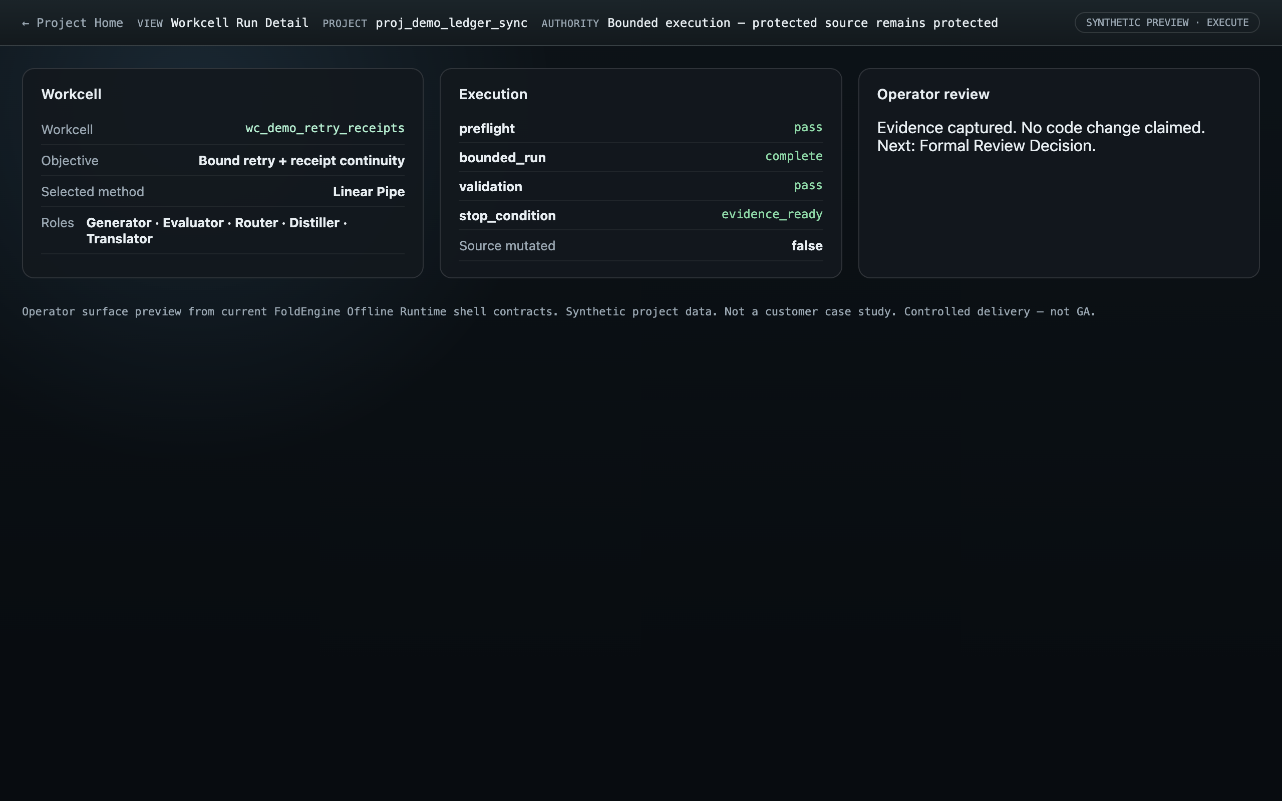 Workcell Run Detail surface preview showing bounded execution and evidence-ready stop condition